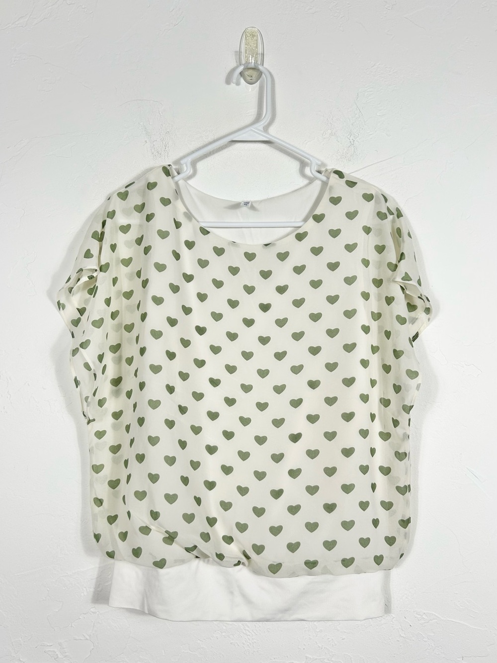 VIISHOW White Sage Green Heart Print Double Layer Banded Hem Blouse S